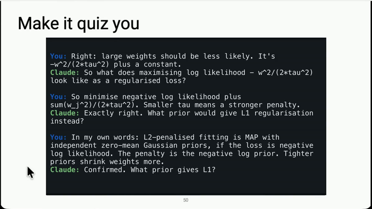 Slide 'Make it quiz you' showing the end of the Socratic drill, where the student explains L2-penalised fitting as MAP with Gaussian priors in their own words
